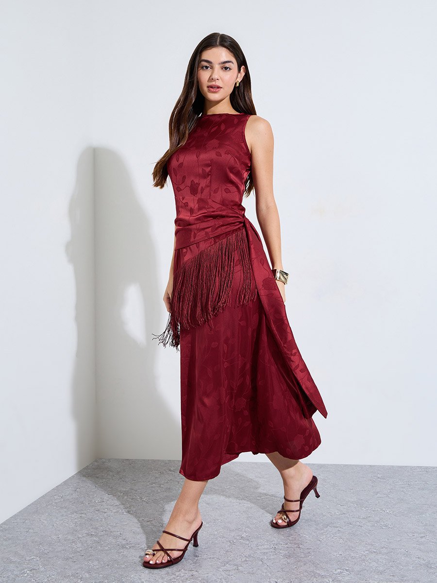 Burgundy Jacquard Fringe Detail Midi Dress