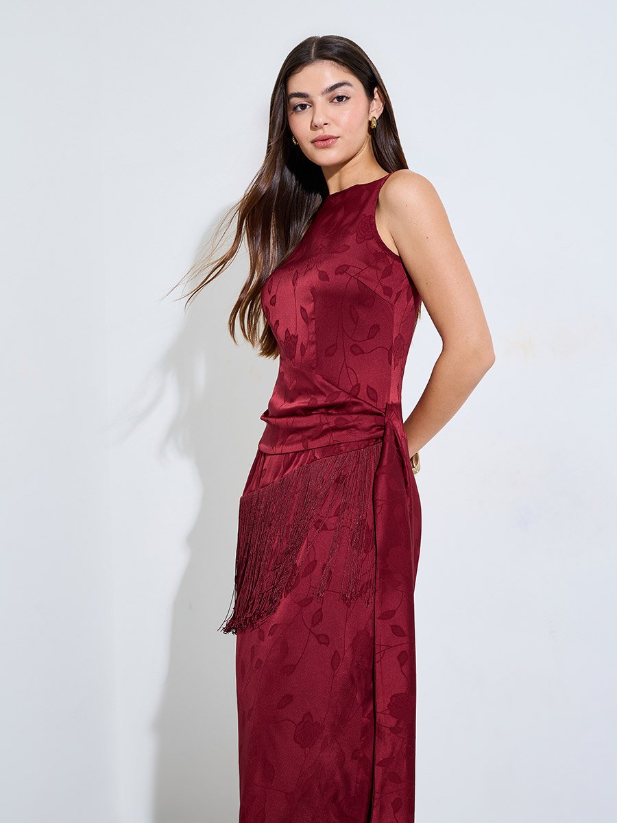 Burgundy Jacquard Fringe Detail Midi Dress
