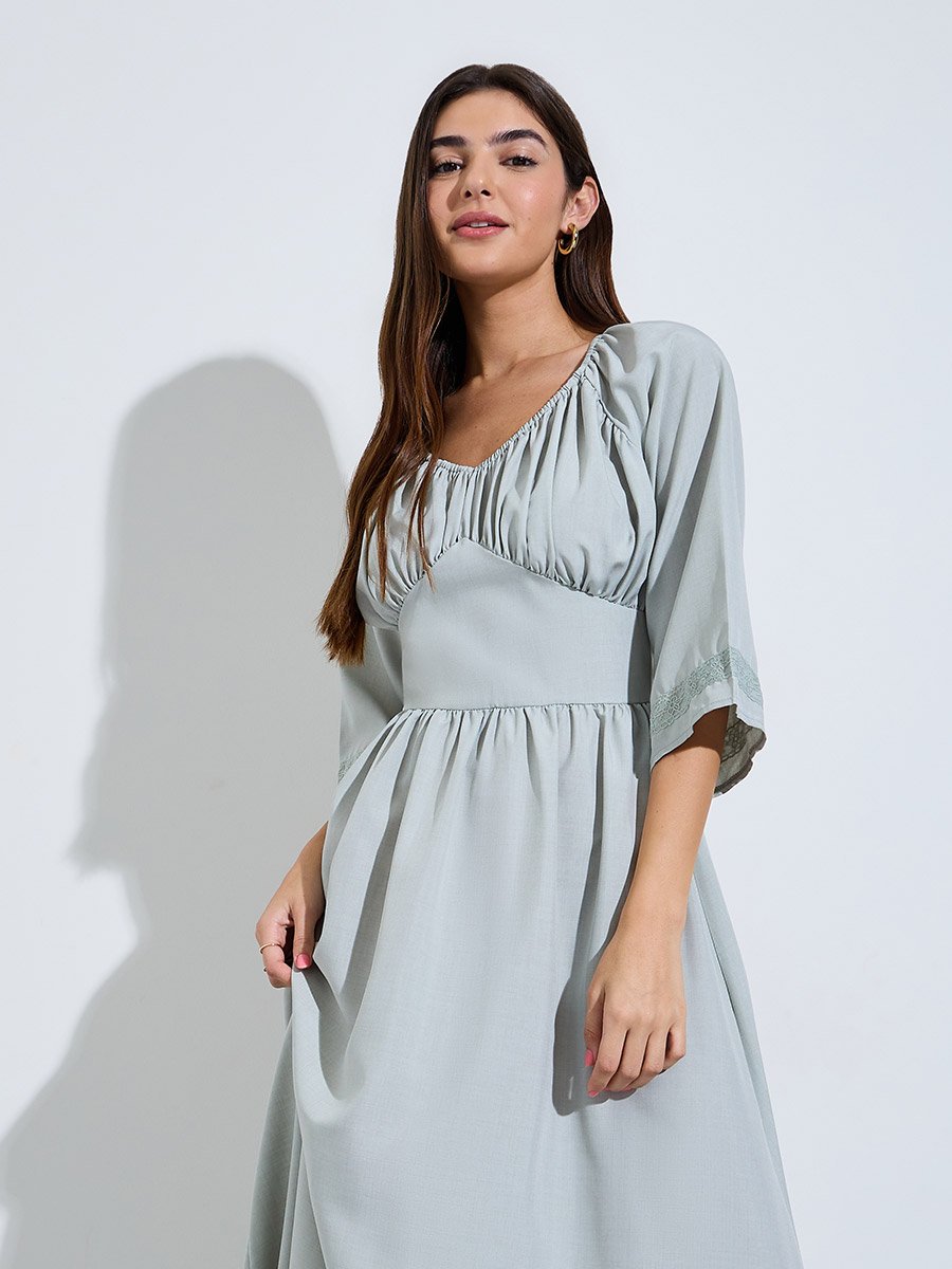 Grey A-Line Maxi Dress with 3/4 Sleeves