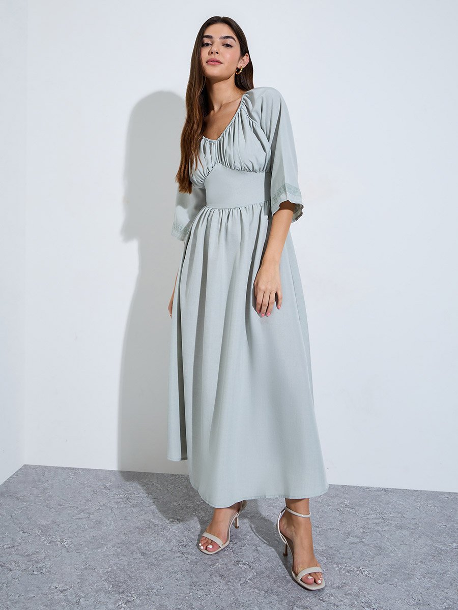 Grey A-Line Maxi Dress with 3/4 Sleeves