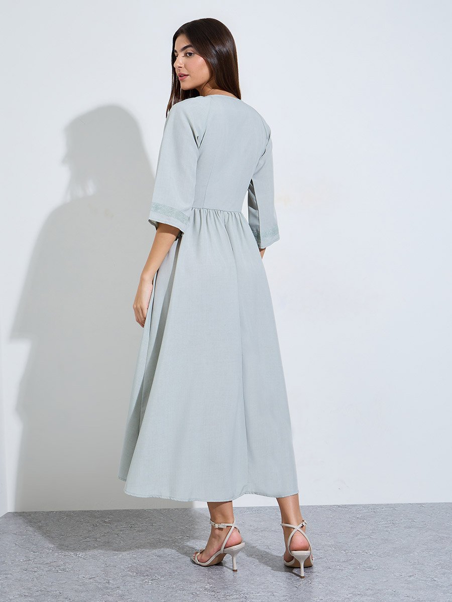 Grey A-Line Maxi Dress with 3/4 Sleeves