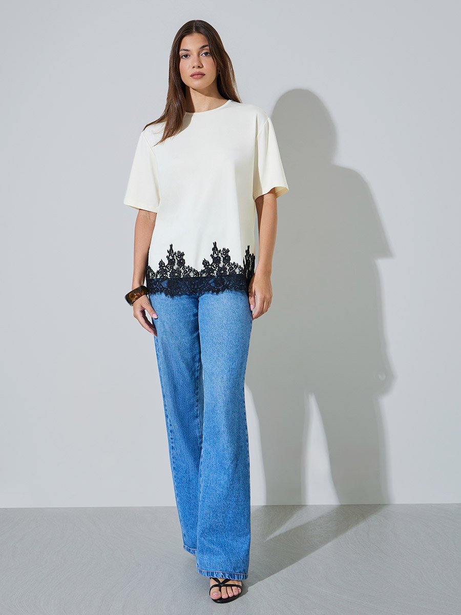 Cream Lace Hem Knit Top