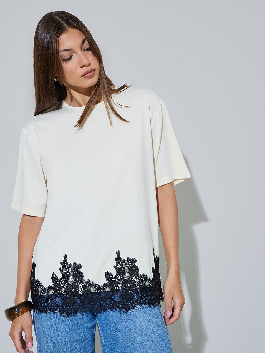 Cream Lace Hem Knit Top