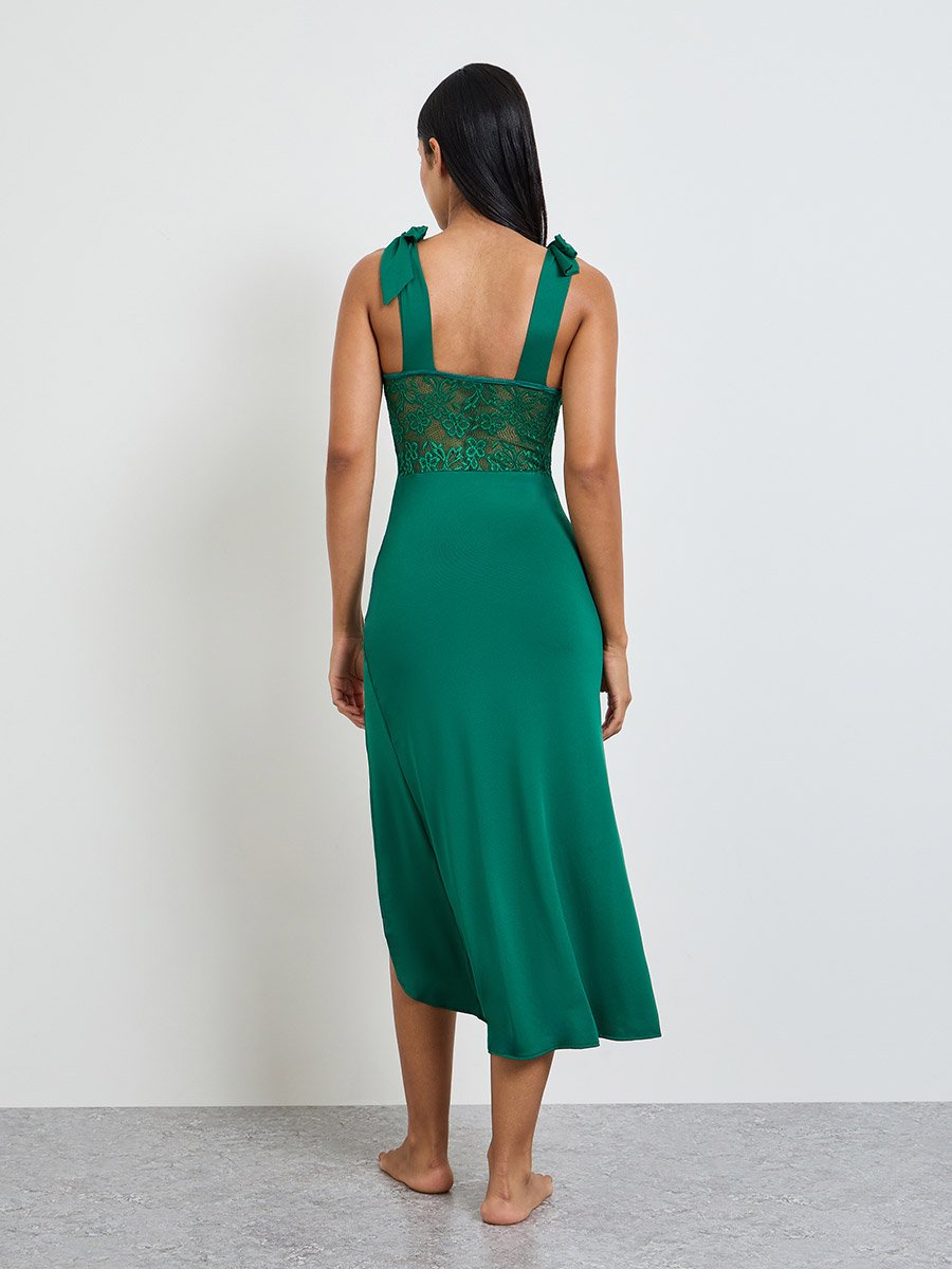 Dark Green Lace and Ruched Maxi Slip Dress with Breif