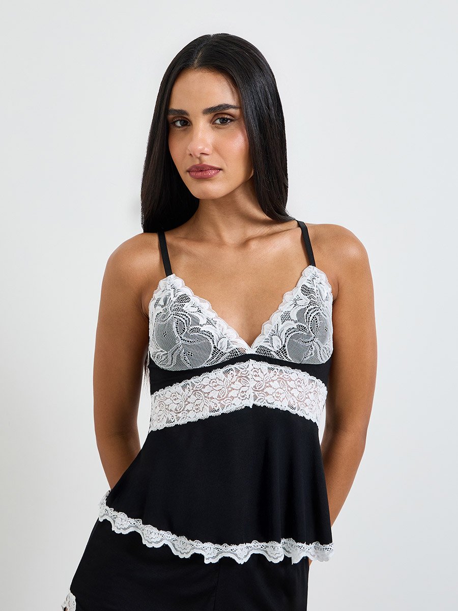 Lace Trim Crop Top and Skirt Lingerie Set
