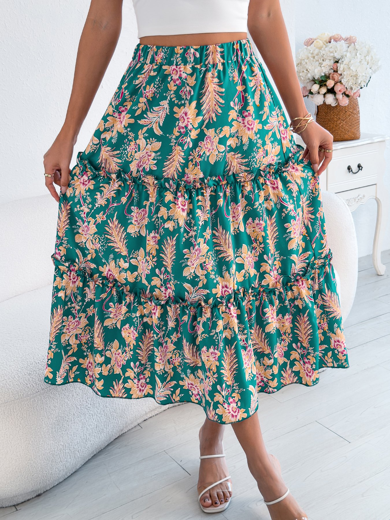 Green Floral Tiered Midi Skirt