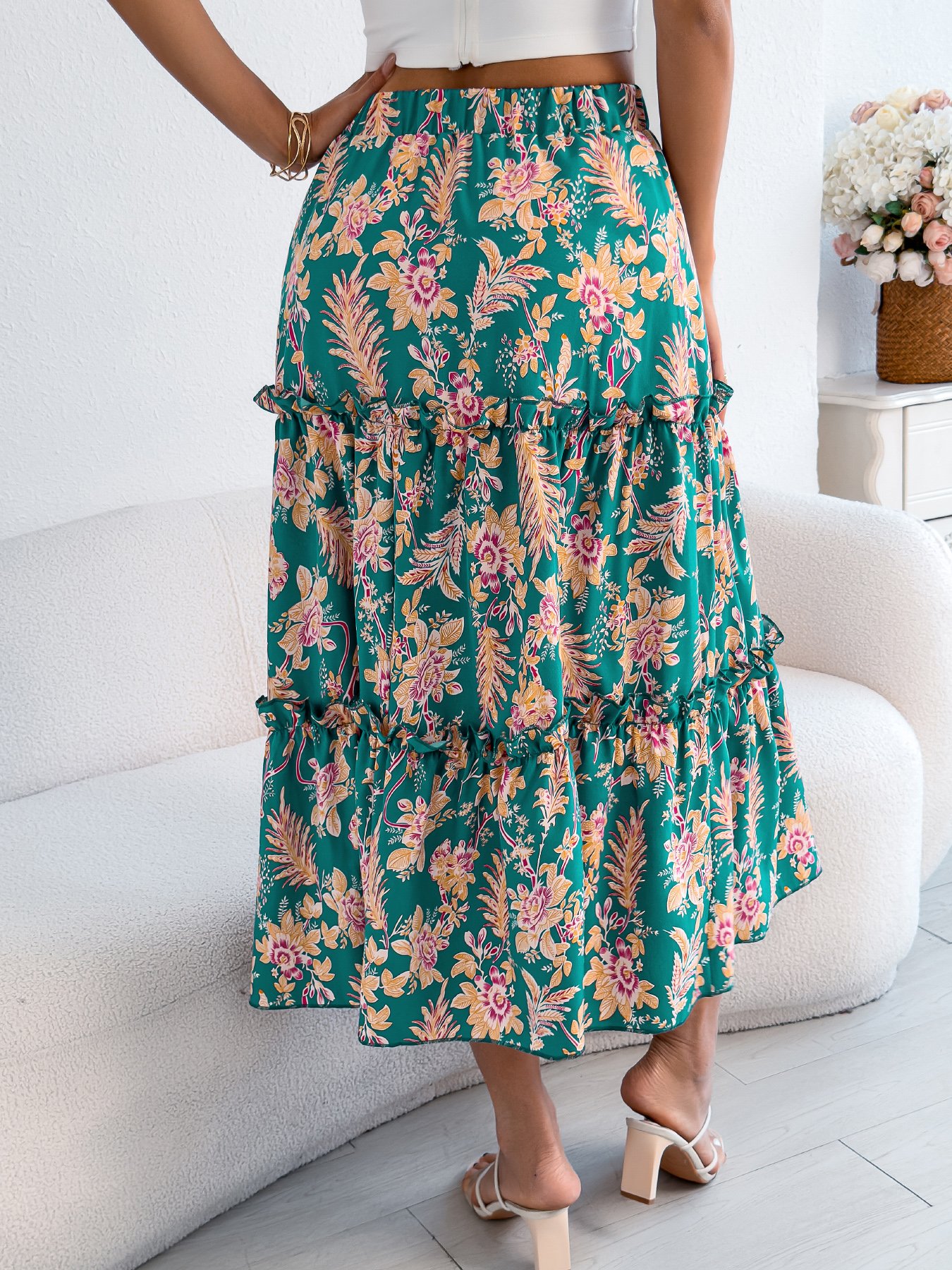 Green Floral Tiered Midi Skirt