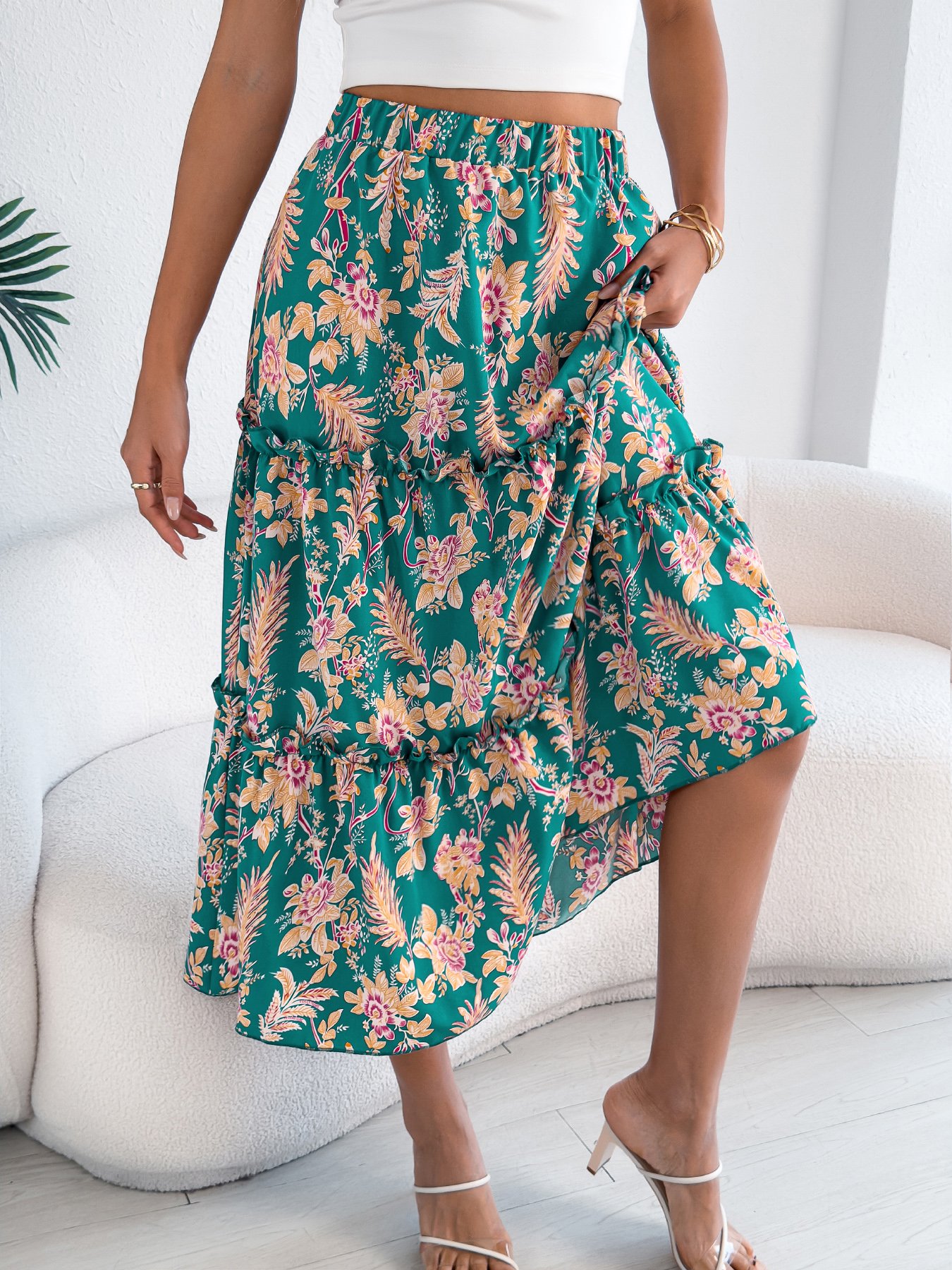Green Floral Tiered Midi Skirt