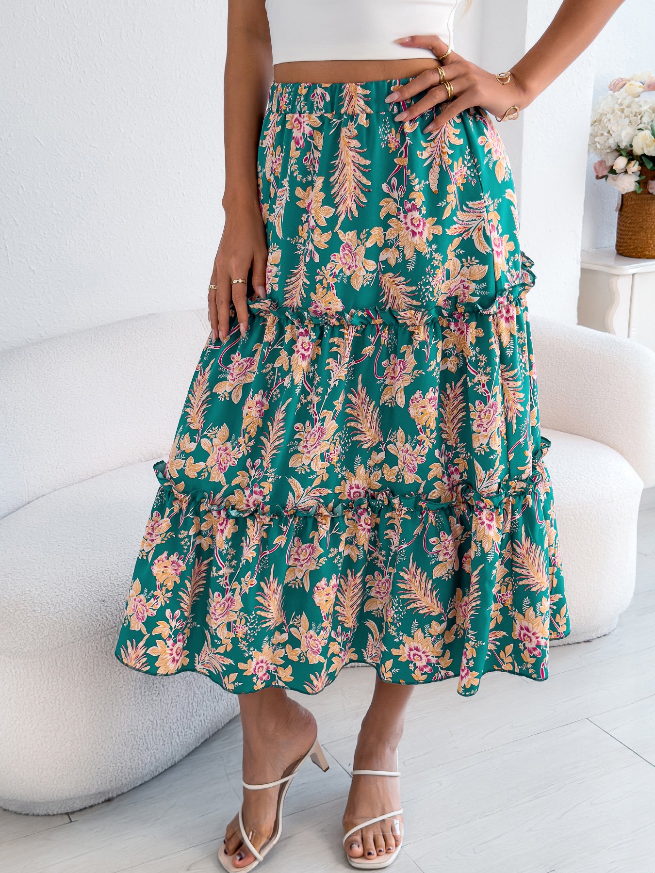 Green Floral Tiered Midi Skirt