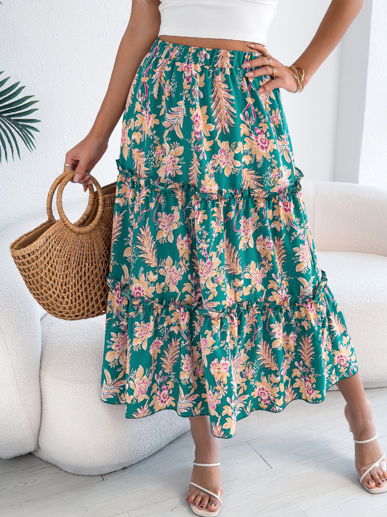 Green Floral Tiered Midi Skirt