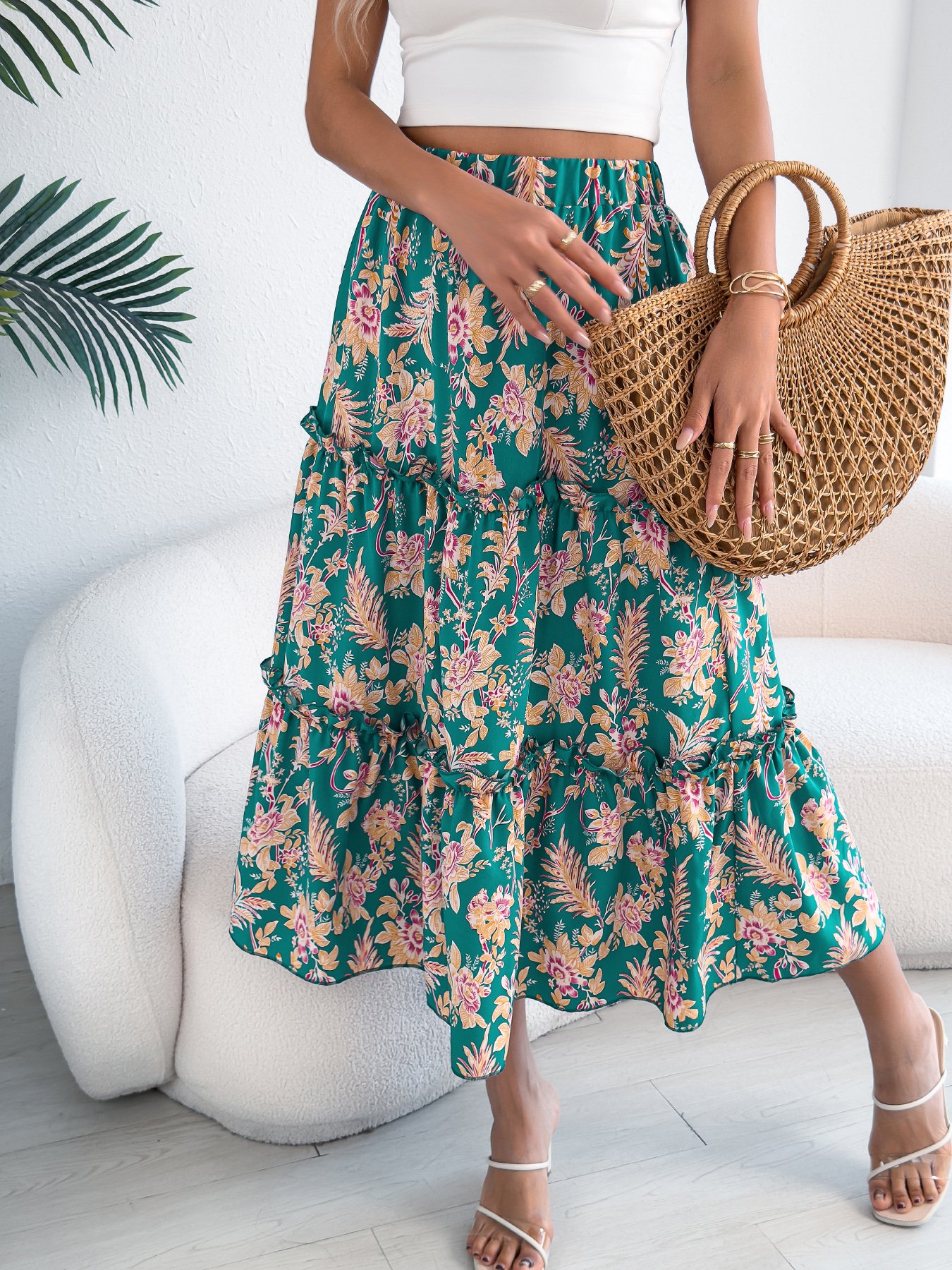 Green Floral Tiered Midi Skirt