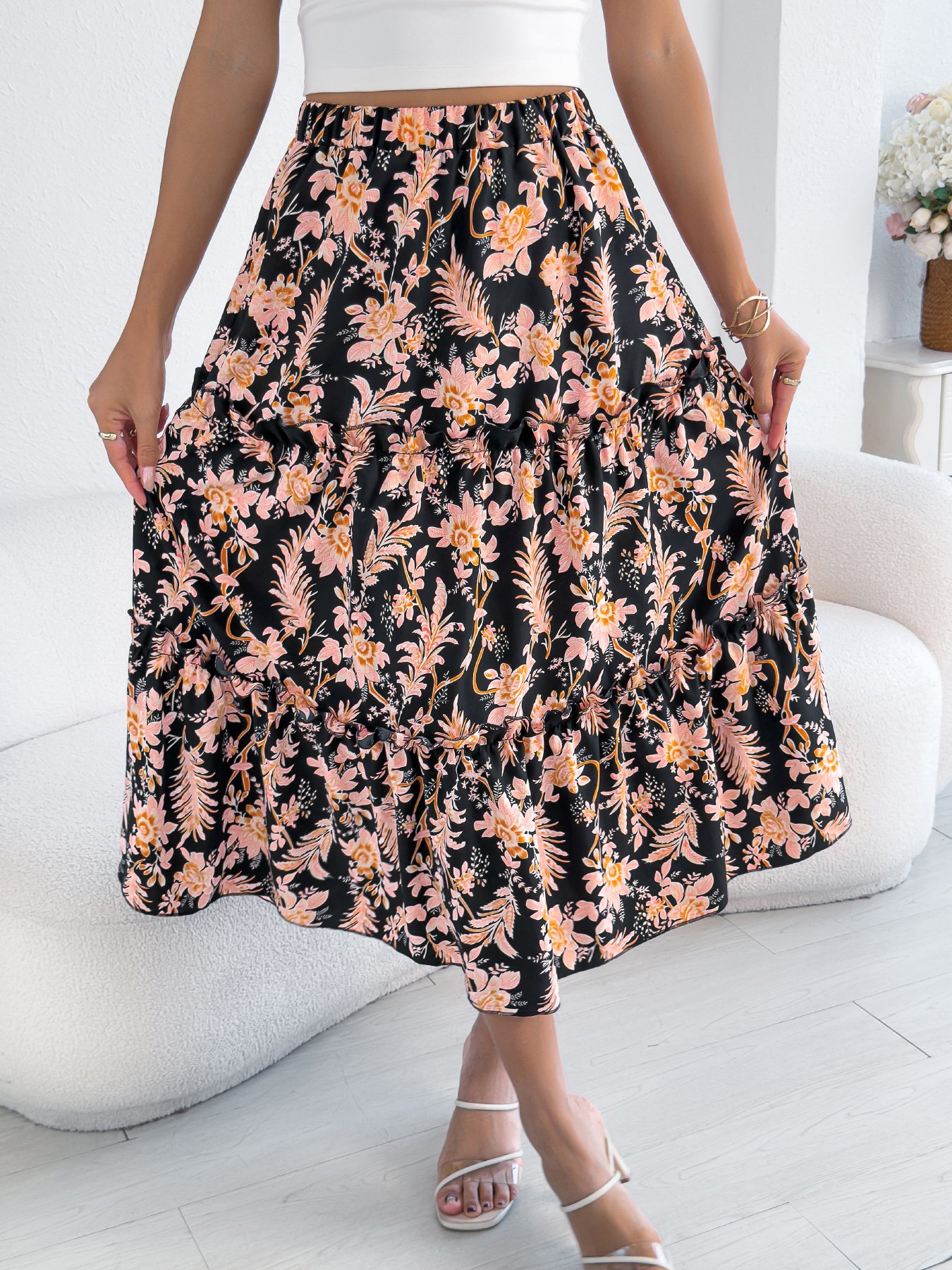 Multi Floral Tiered Midi Skirt
