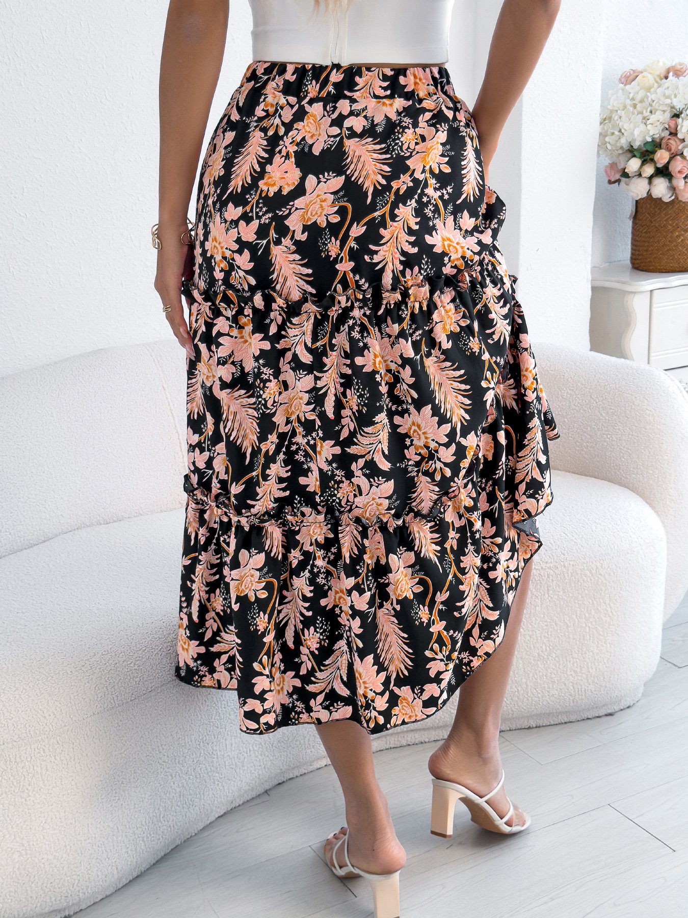 Multi Floral Tiered Midi Skirt