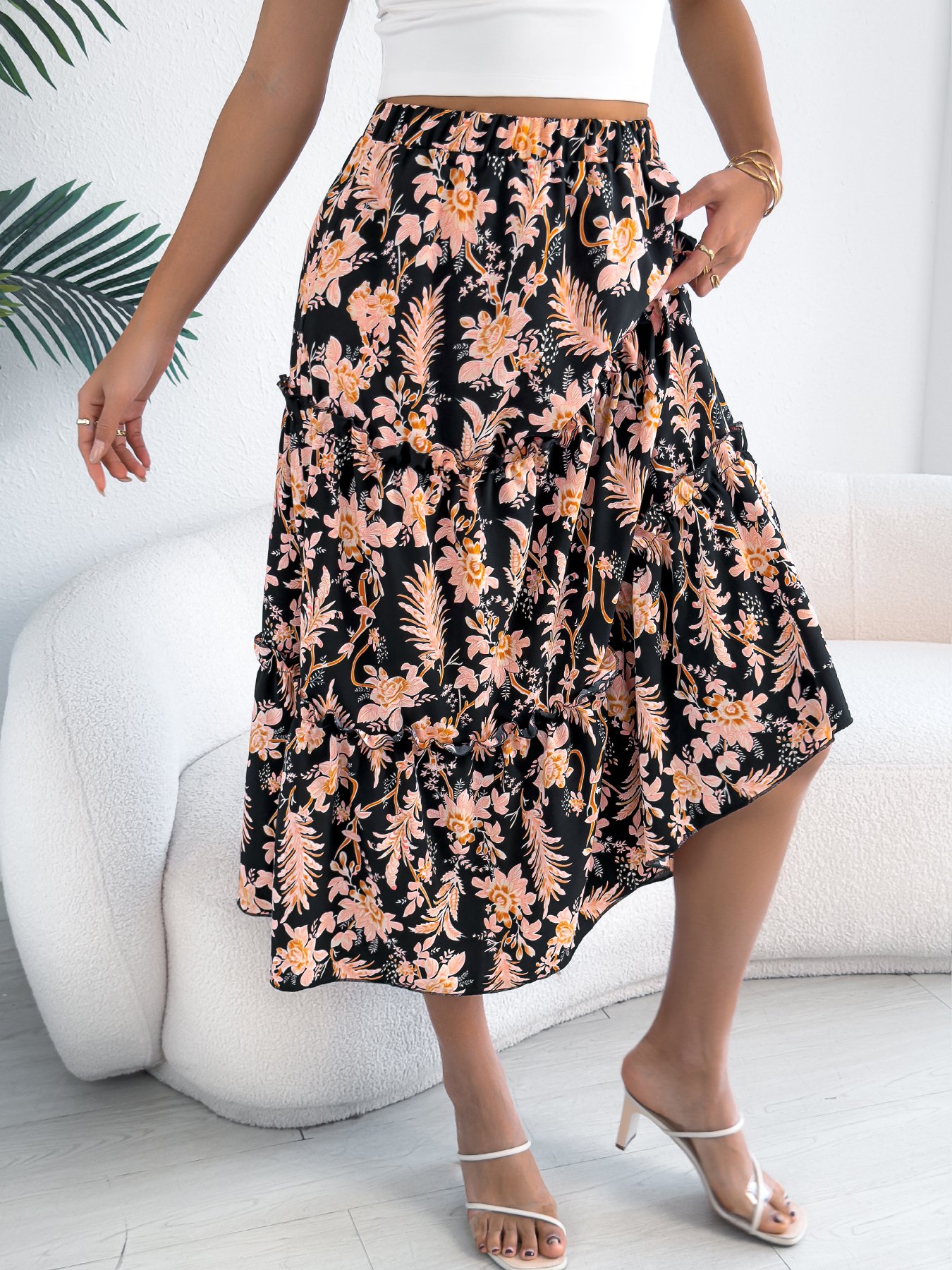 Multi Floral Tiered Midi Skirt