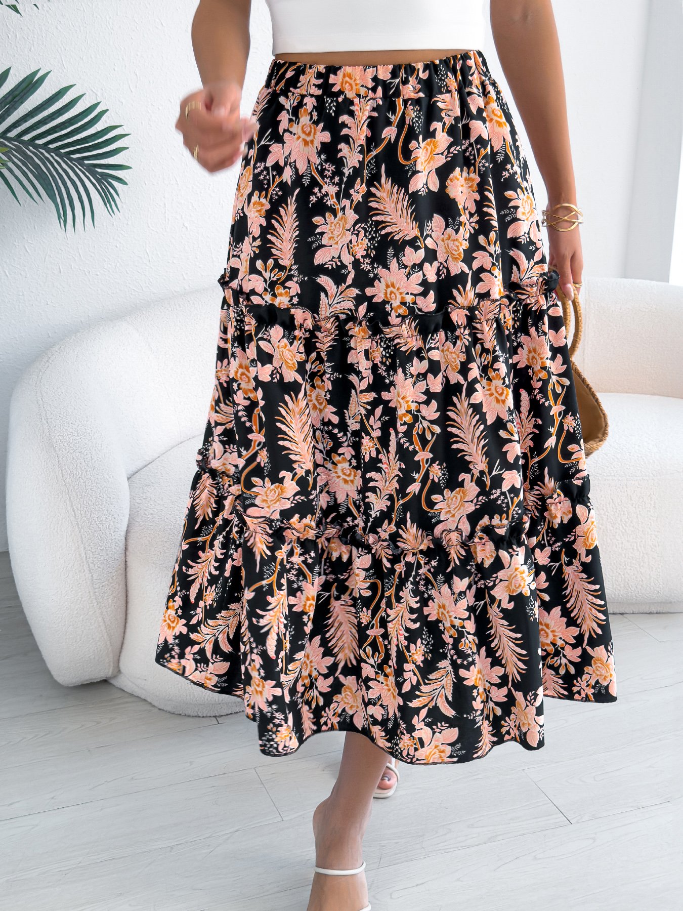 Multi Floral Tiered Midi Skirt