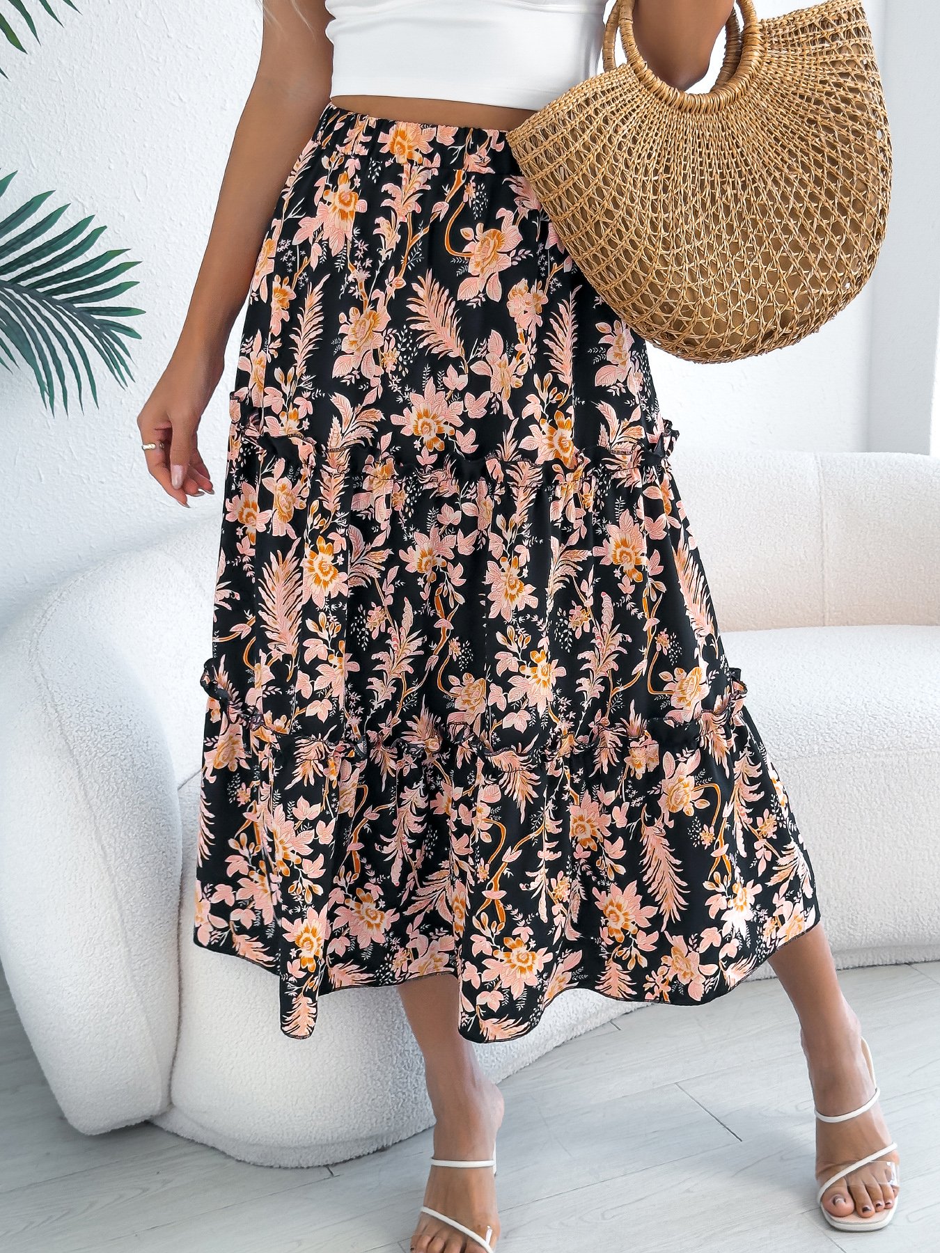 Multi Floral Tiered Midi Skirt