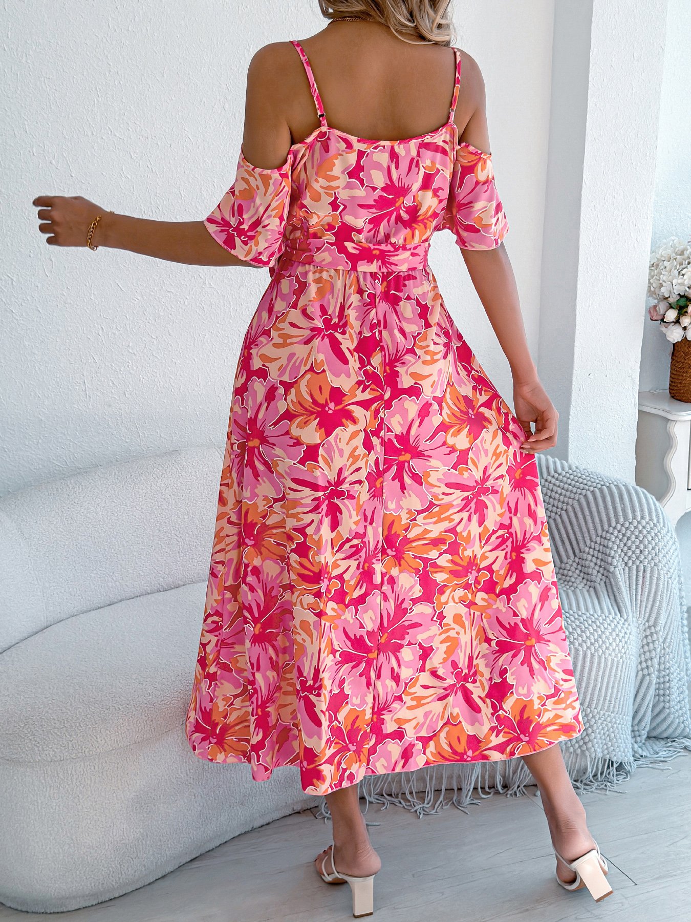 Pink Floral Midi A-Line Dress with Short Sleeves