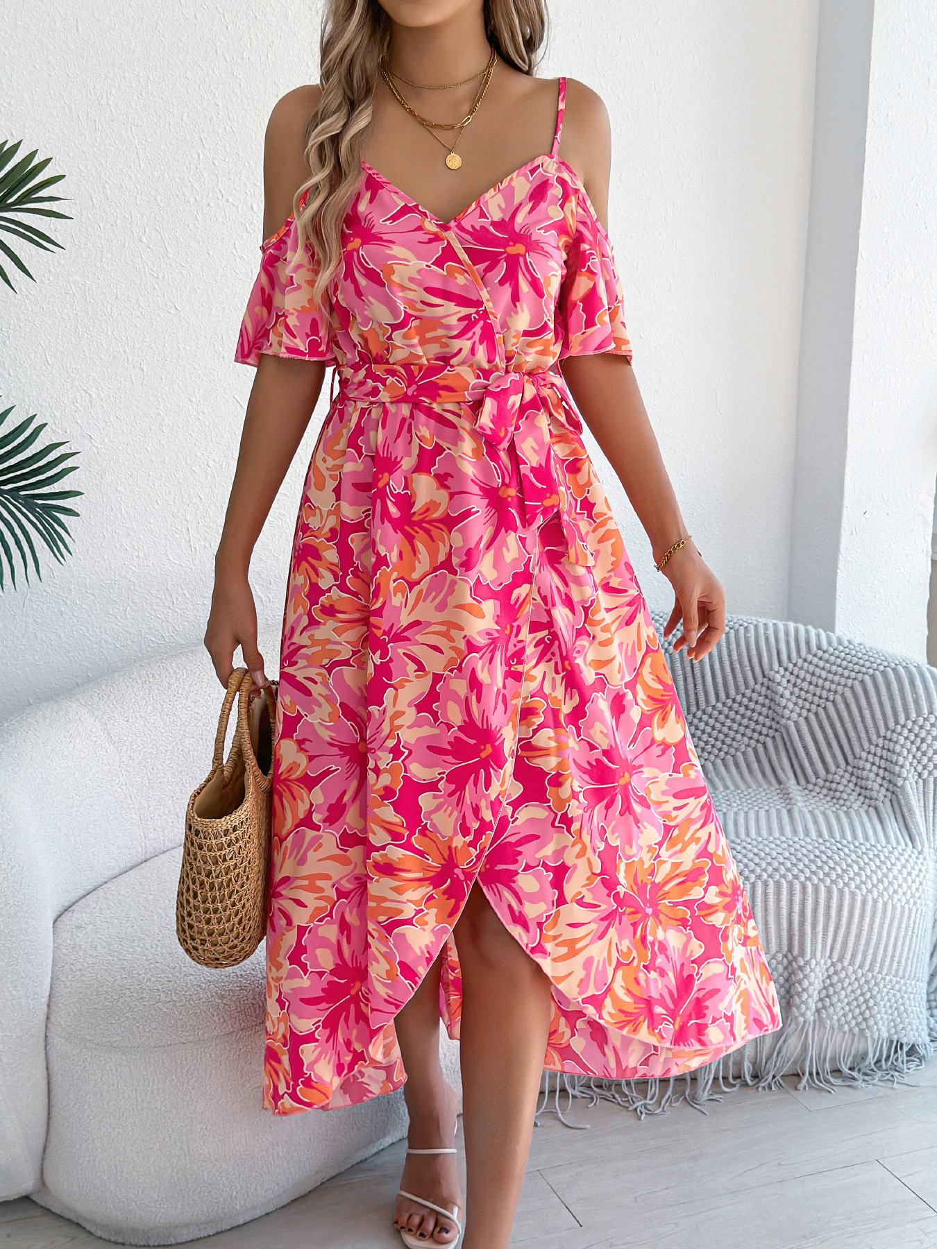 Pink Floral Midi A-Line Dress with Short Sleeves