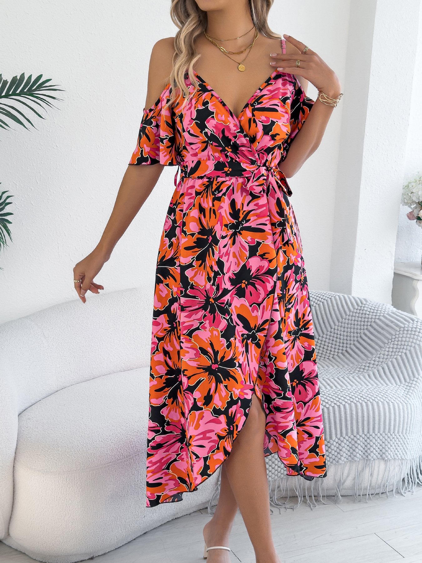 Multicolor Floral Print Midi A-Line Dress with Short Sleeves
