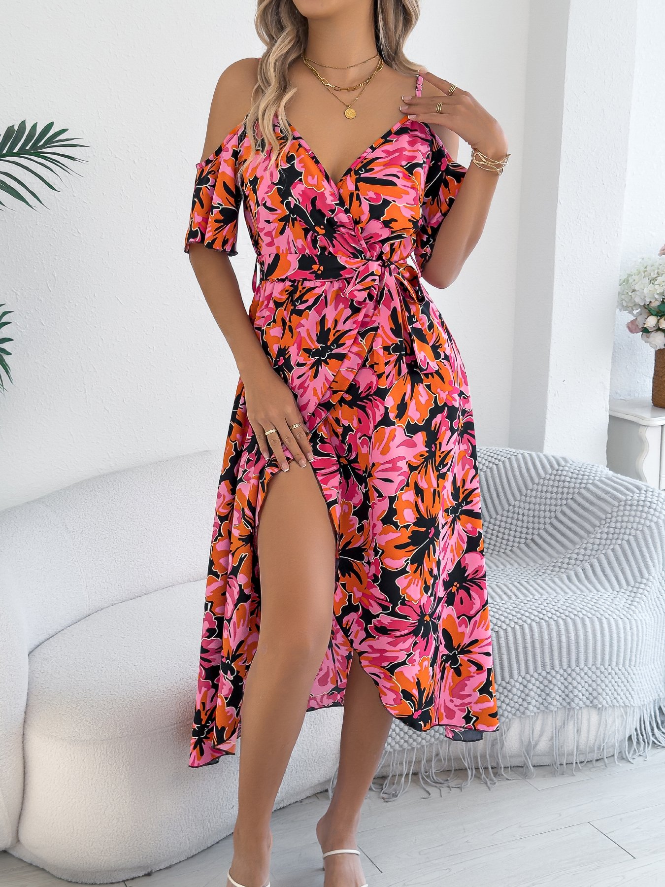Multicolor Floral Print Midi A-Line Dress with Short Sleeves