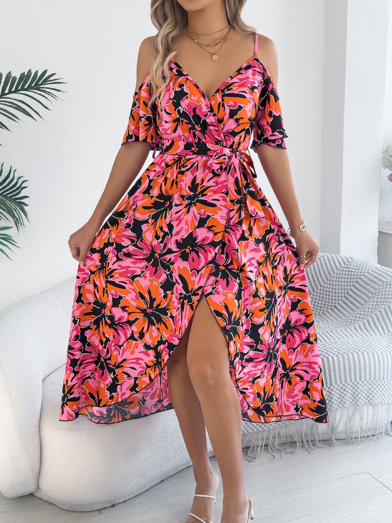 Multicolor Floral Print Midi A-Line Dress with Short Sleeves