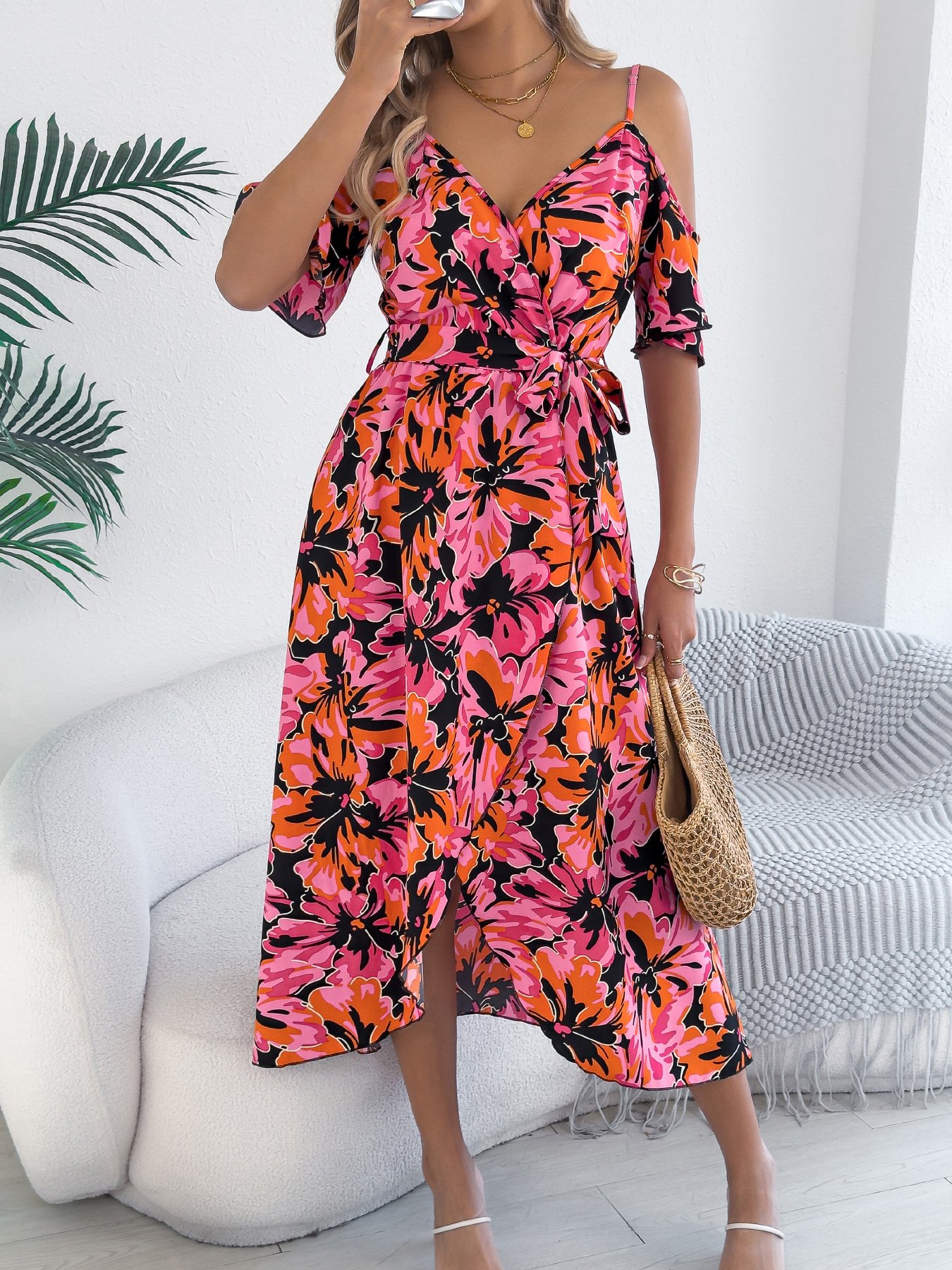 Multicolor Floral Print Midi A-Line Dress with Short Sleeves