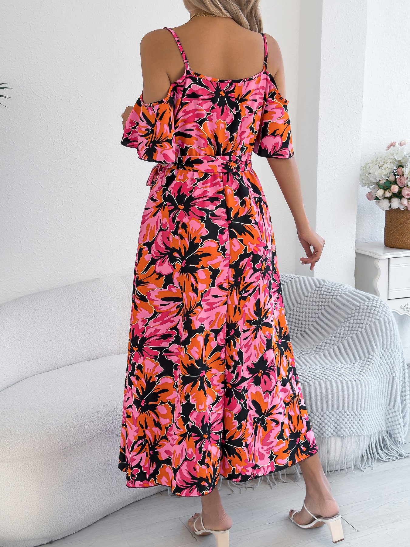 Multicolor Floral Print Midi A-Line Dress with Short Sleeves