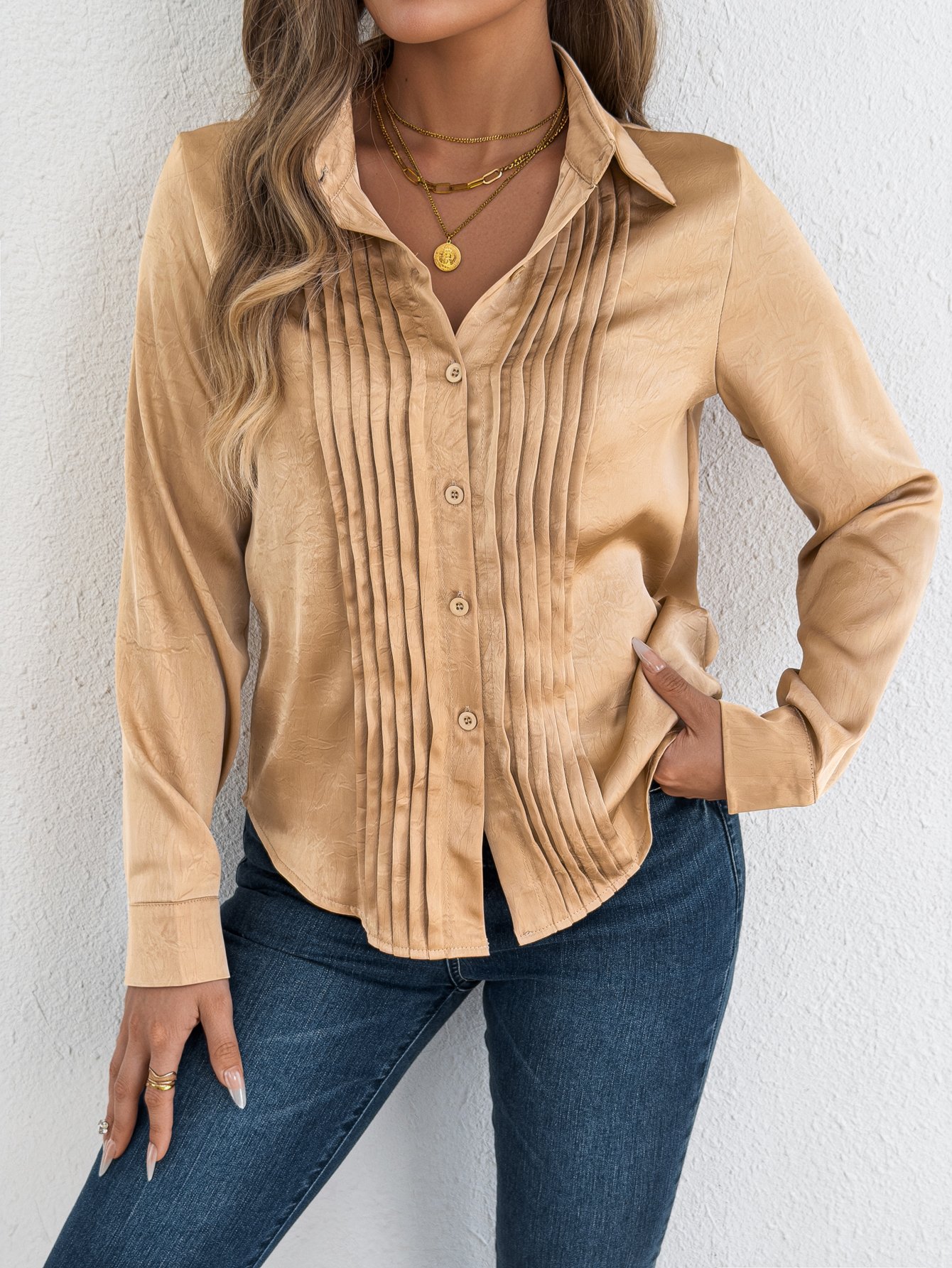 Beige Pleated Long Sleeve Top