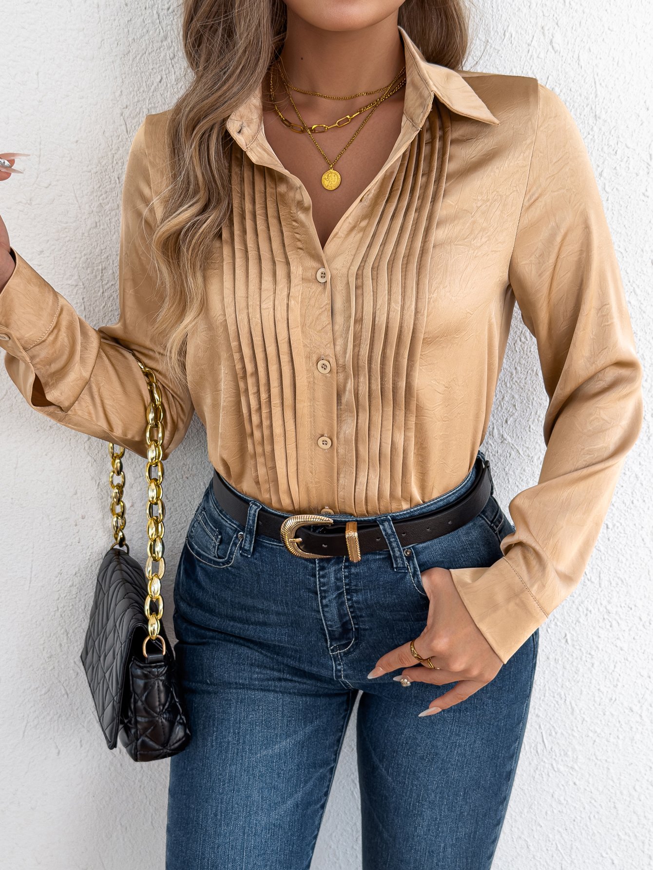 Beige Pleated Long Sleeve Top