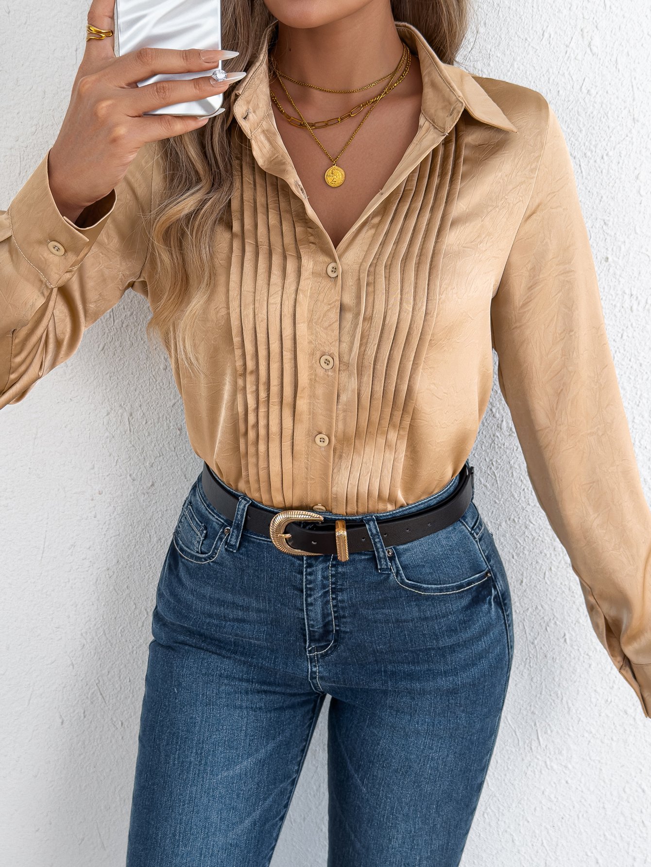 Beige Pleated Long Sleeve Top