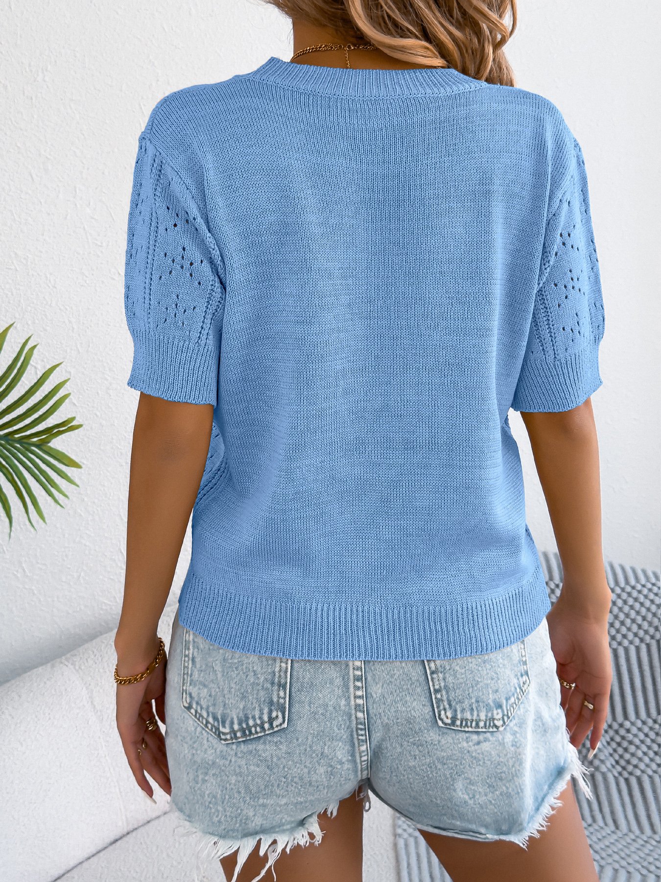 Blue Short Sleeve Pointelle Knit Top