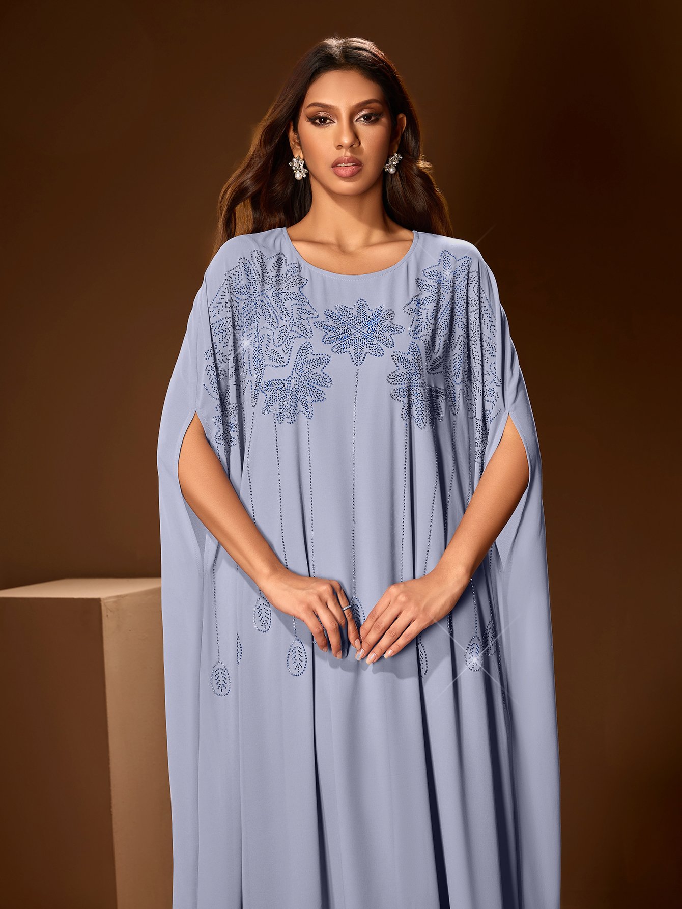 Round Neck Maxi Dress with Rhinestones