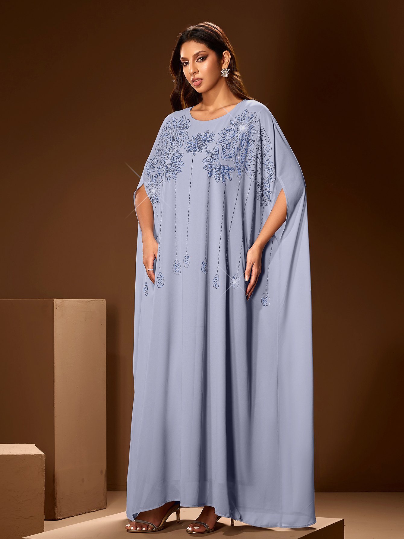 Round Neck Maxi Dress with Rhinestones