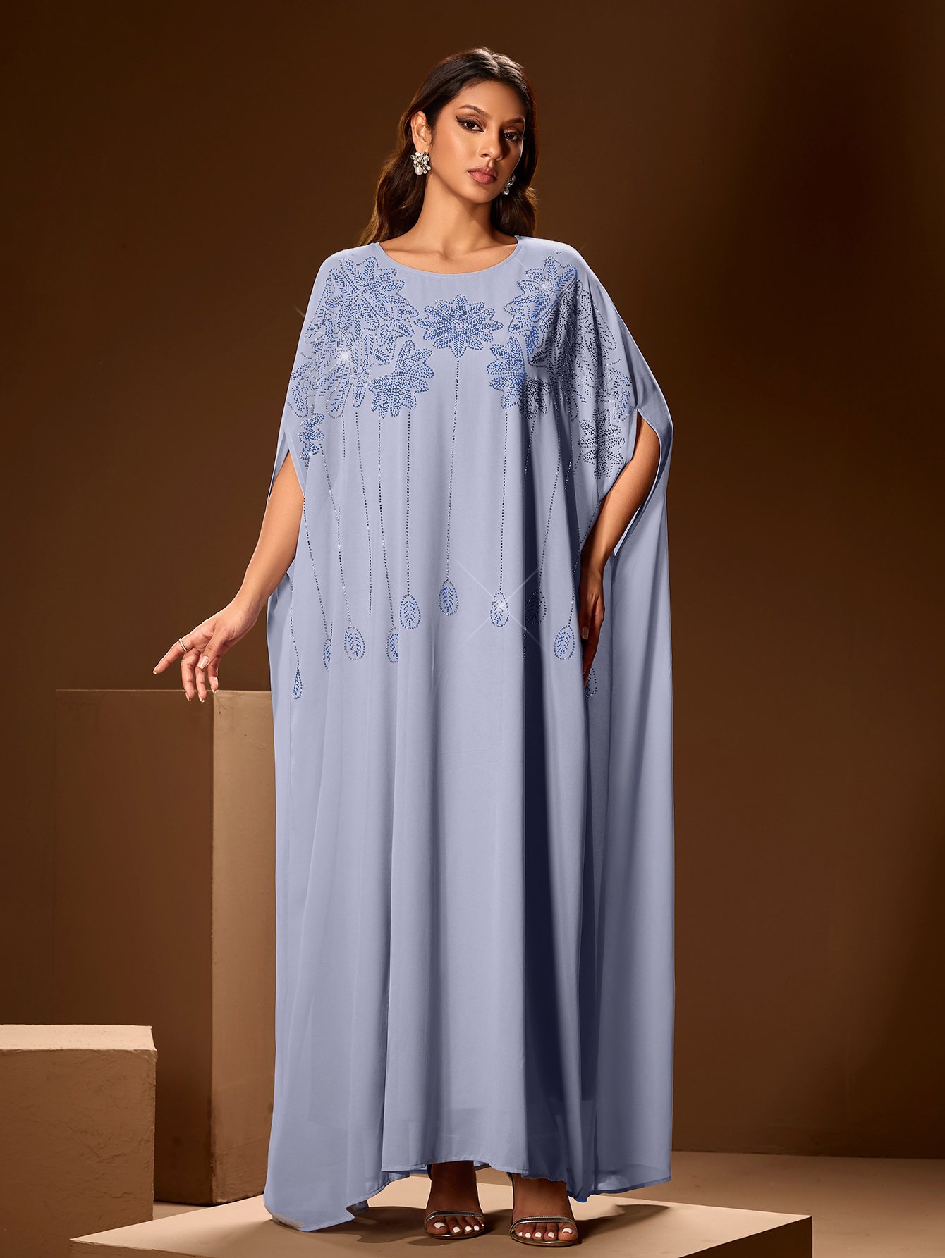 Round Neck Maxi Dress with Rhinestones