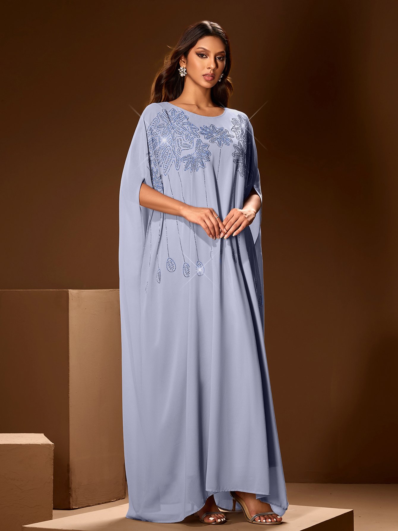 Round Neck Maxi Dress with Rhinestones