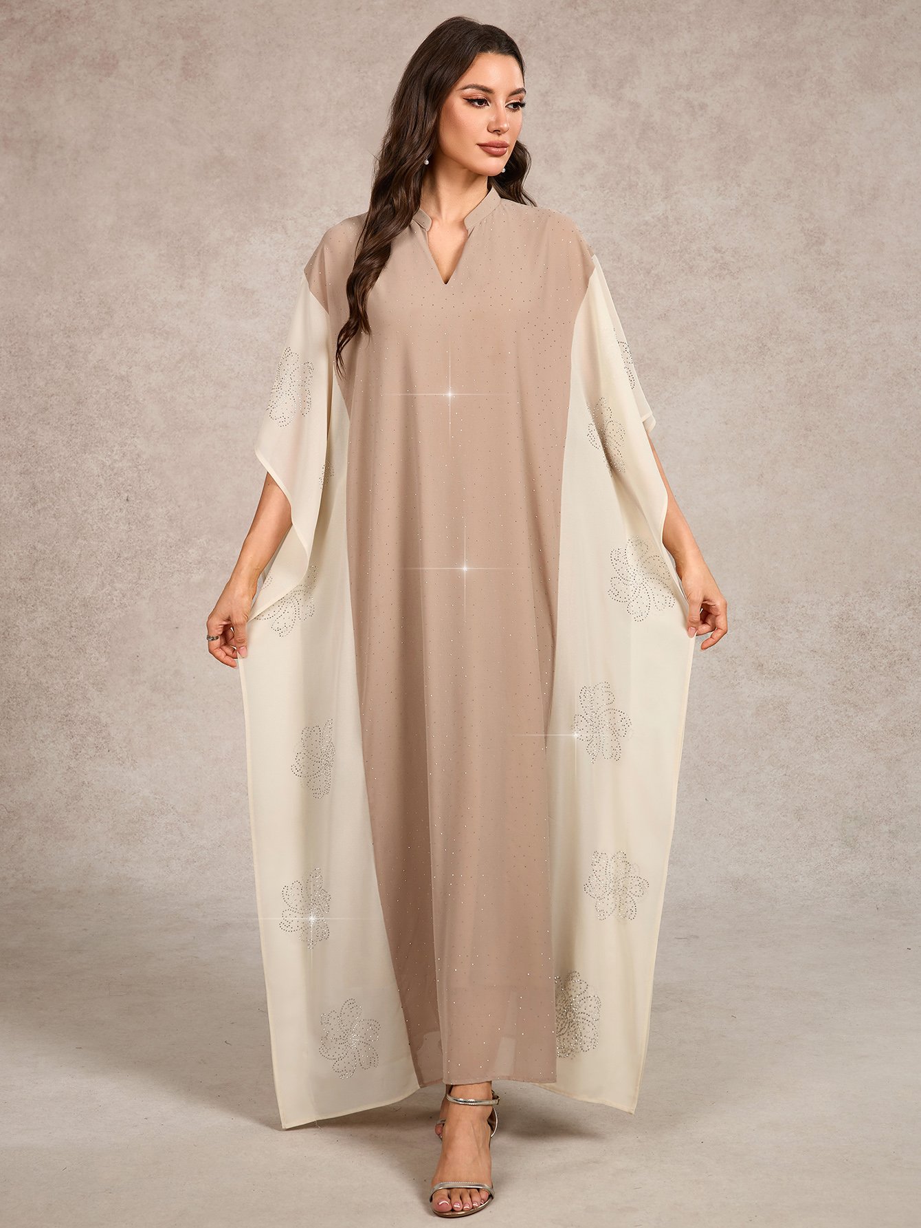 Two Tone Rhinestone Embellished Kaftan Maxi Dress