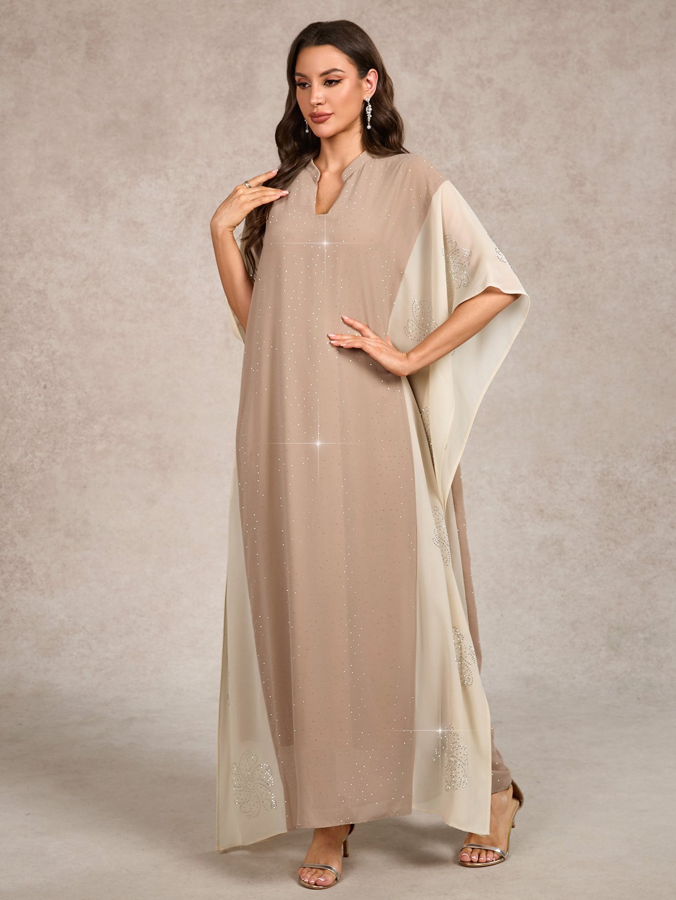 Two Tone Rhinestone Embellished Kaftan Maxi Dress