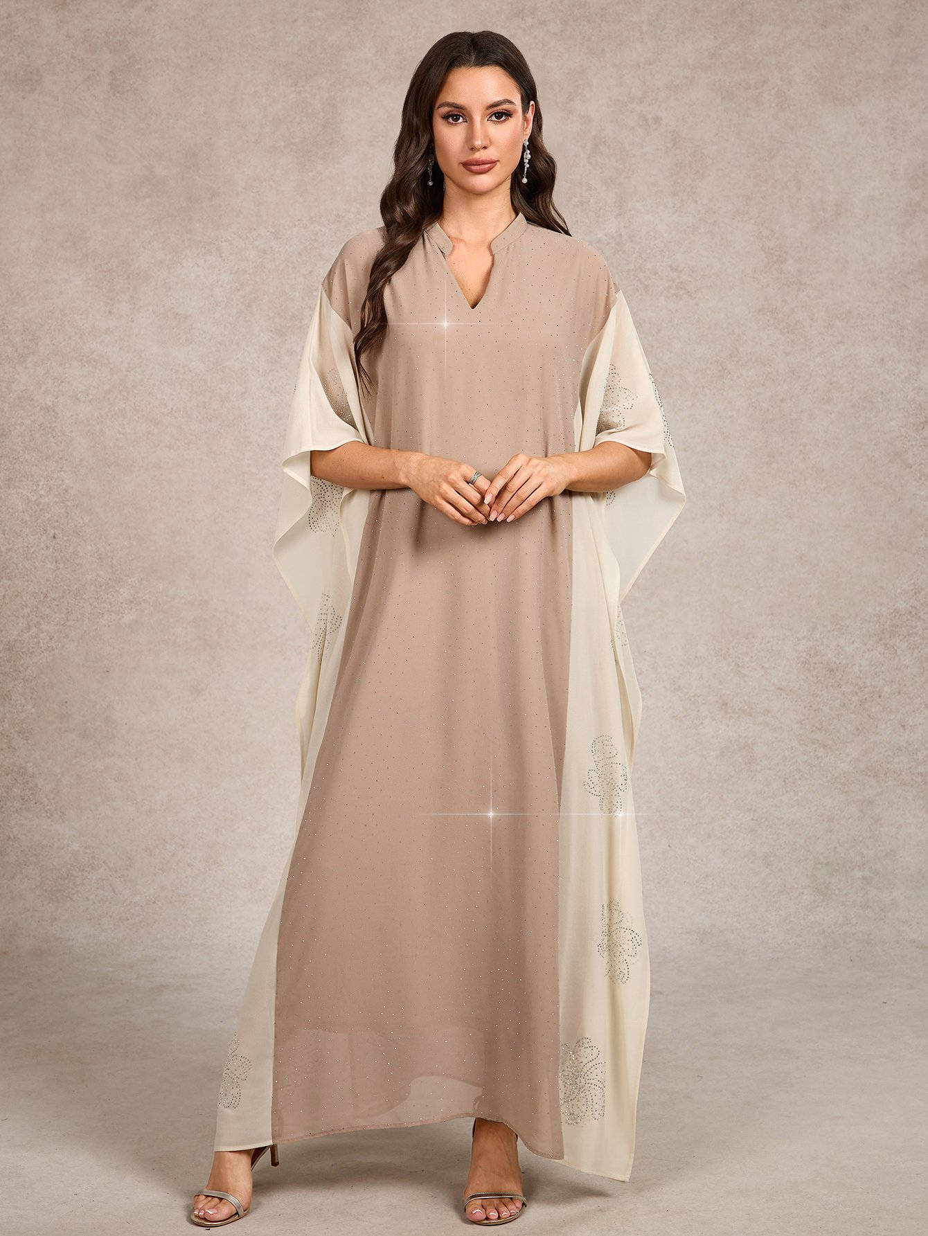 Two Tone Rhinestone Embellished Kaftan Maxi Dress