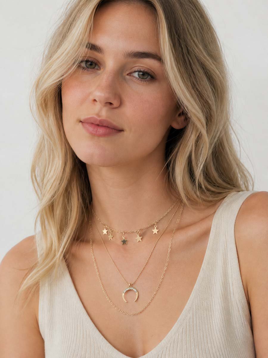 Gold Layered Star and Crescent Moon Necklace Set