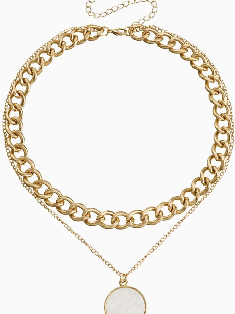 Layered Gold Chain Necklace with Mother of Pearl Pendant
