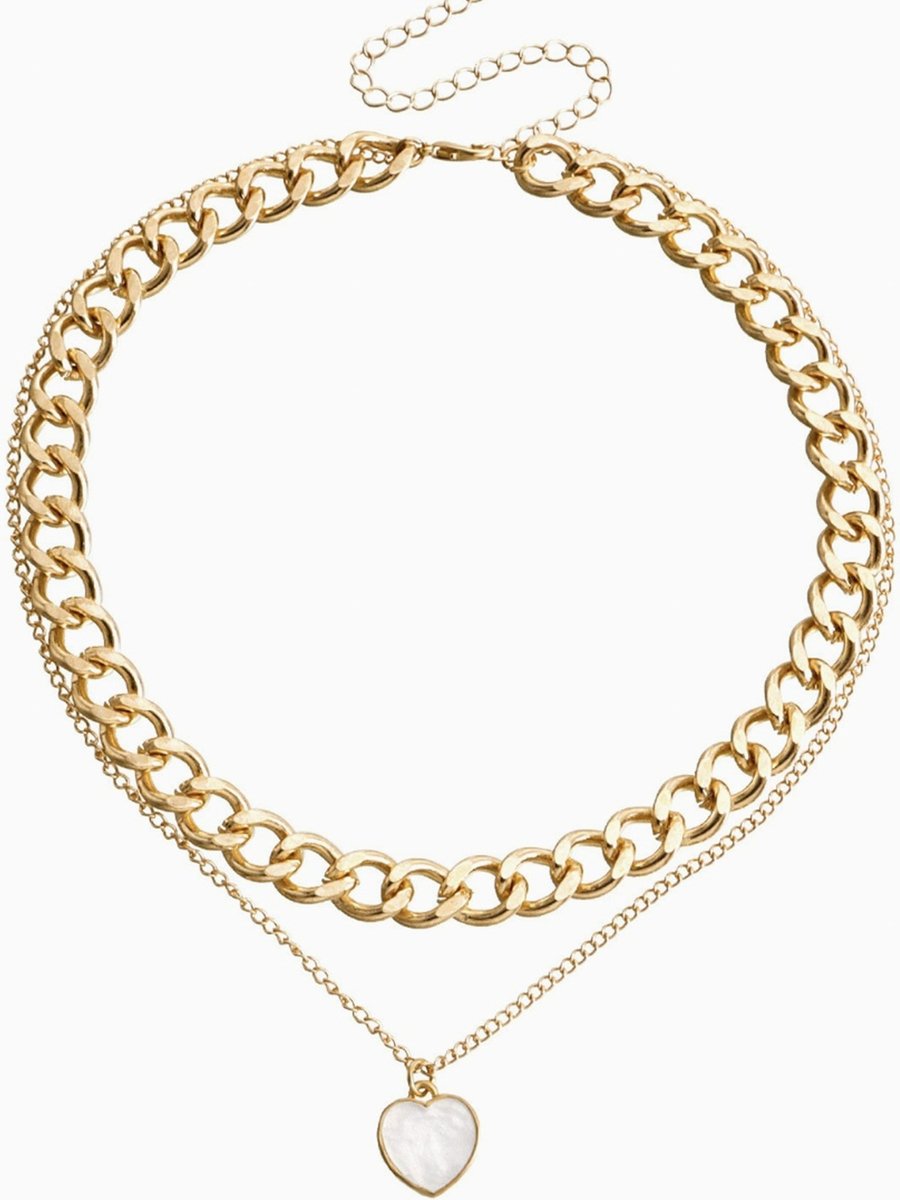 Gold Link Chain Necklace Set with Heart Pendant