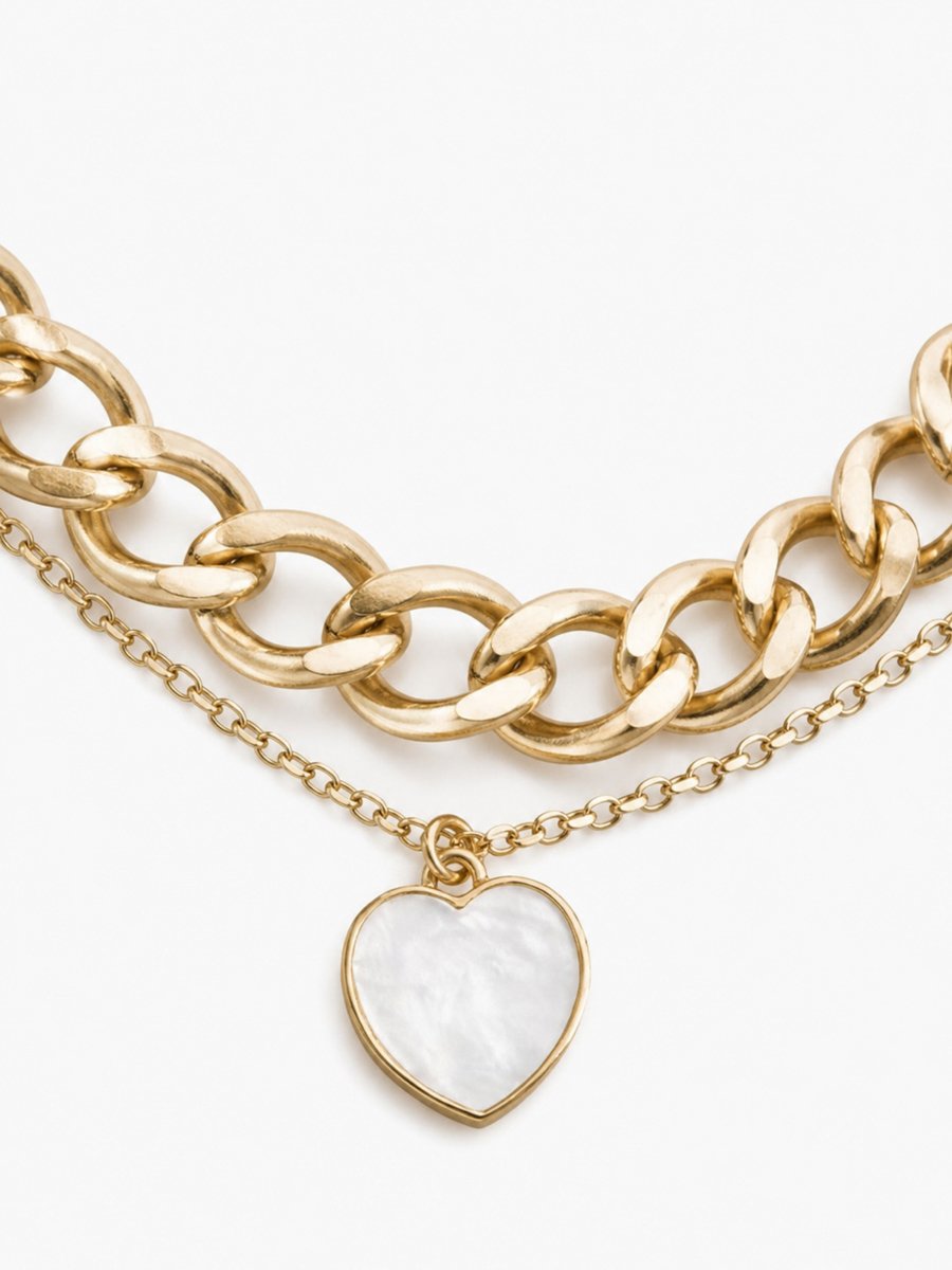 Gold Link Chain Necklace Set with Heart Pendant