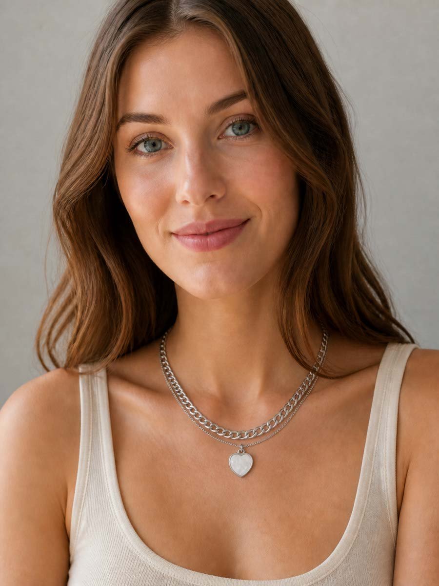 Silver Layered Chain Necklace with Heart Pendant
