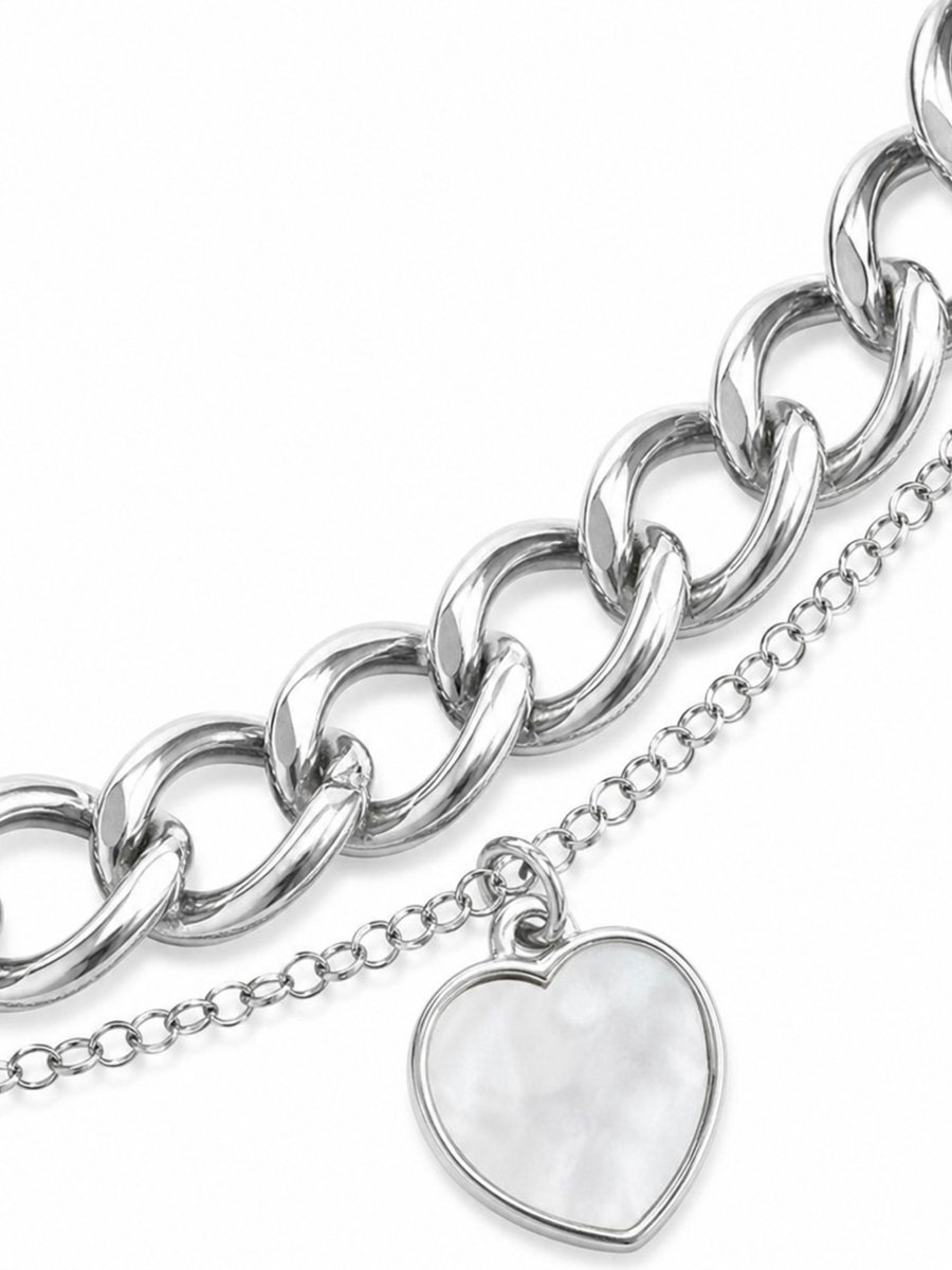 Silver Layered Chain Necklace with Heart Pendant
