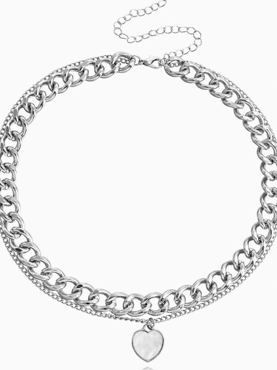Silver Layered Chain Necklace with Heart Pendant