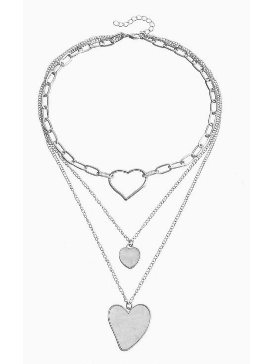Silver Layered Heart Pendant Necklace Set