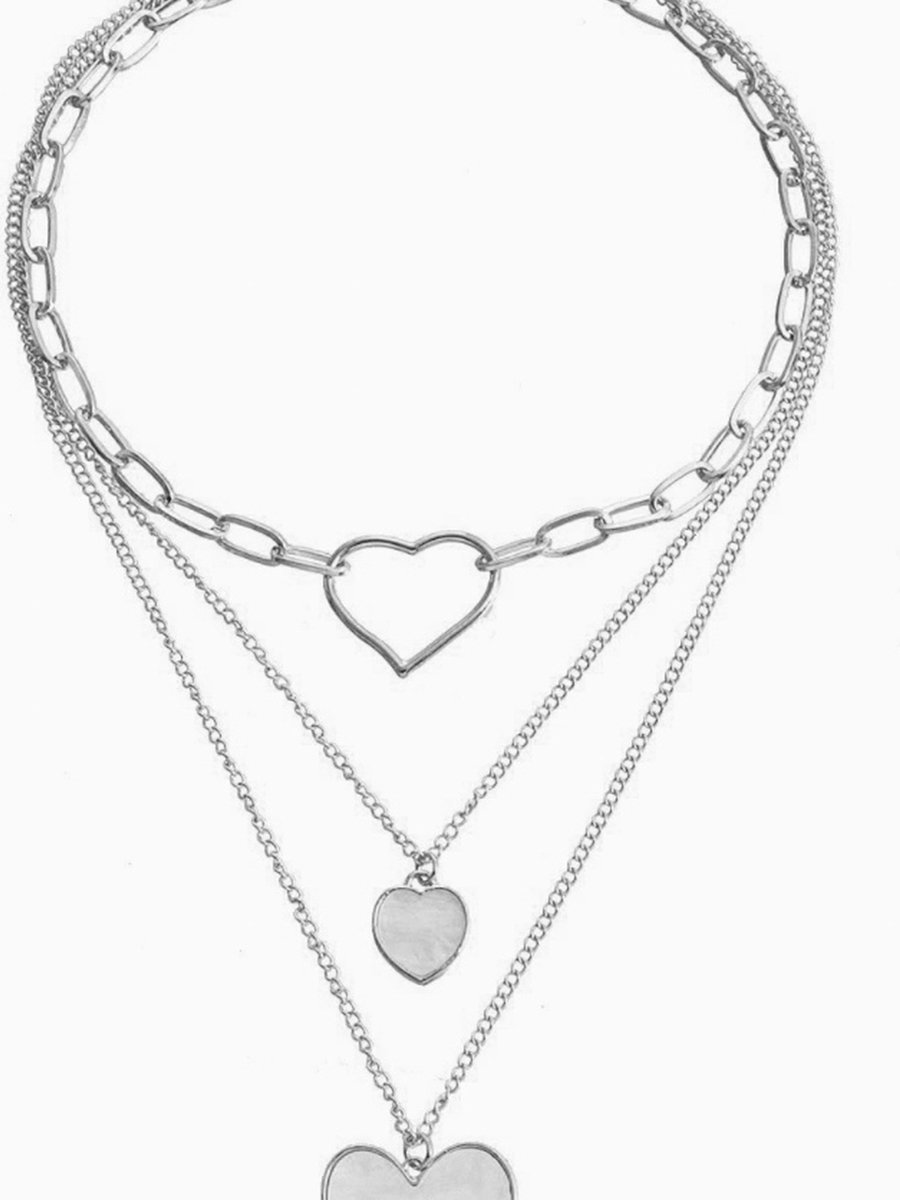 Silver Layered Heart Pendant Necklace Set