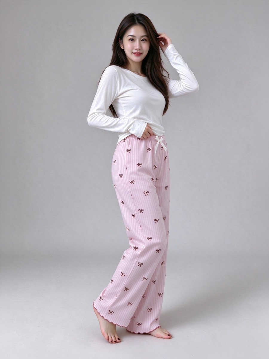 Pink Striped Bowknot Pajama Pants