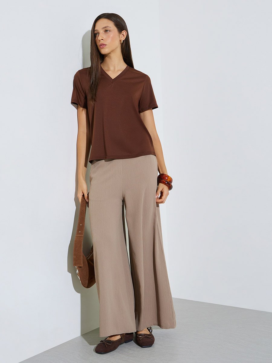 Brown Plain V Neck Regular Fit T-Shirt