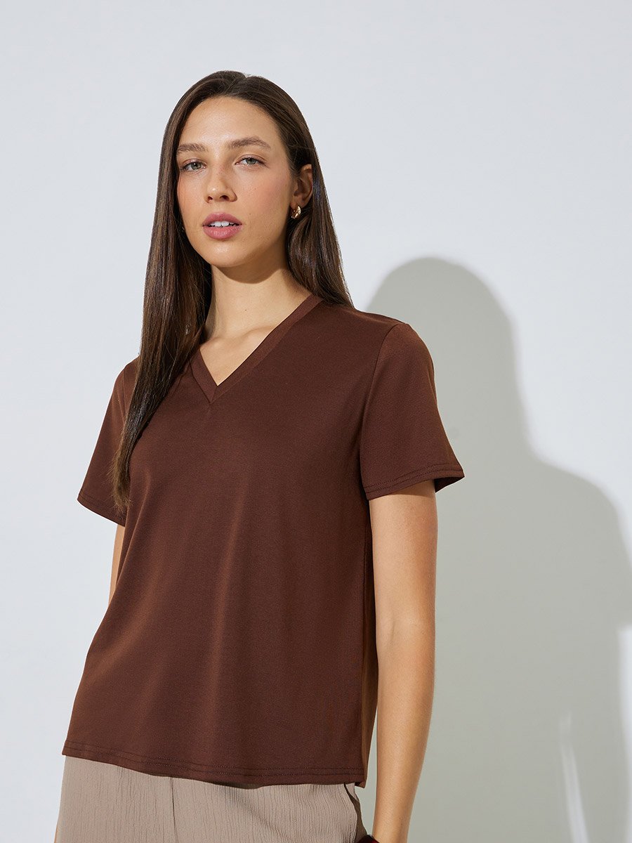 Brown Plain V Neck Regular Fit T-Shirt